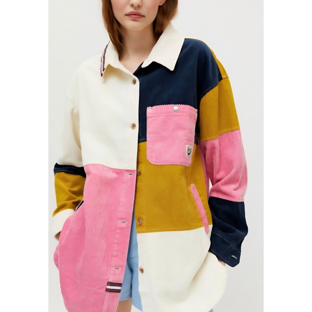 BDG Oversized Colorblock Corduroy Shirt Jacket Womens Medium Pink Yellow Navy - Picture 8 of 9